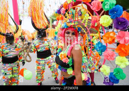 02.04.2023 Dominikanische Republik Punta Cana Jährlicher Karneval. Eine Frau in einem Karnevalskostüm Stockfoto