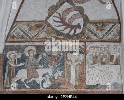 Der triumphale Eintritt nach Jerusalem, wenn Jesus Zaccheus trifft, ein 500 Jahre altes Fresko in Keldeby Churh, Dänemark, 10. Oktober 2022 Stockfoto