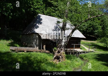 Der Museumskomplex Muzeul Astra in Sibiu, Rumänien, zeigt rumänische Mühlen und die Geschichte der Landwirtschaft. Stockfoto