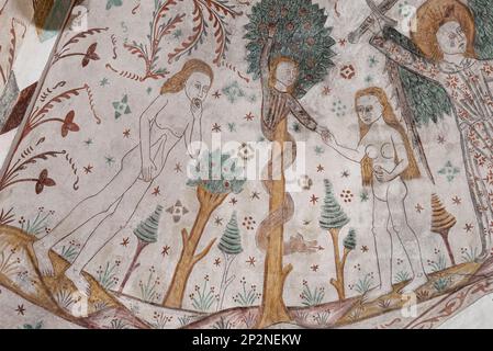 Der Untergang des Menschen, wenn Eve einen Apfel nimmt und ihn Adam gibt, ein altes Wandgemälde in der Keldby-Kirche, Dänemark, 10. Oktober 2022 Stockfoto
