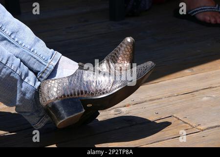 Mann trägt Stiefel aus Krokodilleder und entspannt sich bei einem Rock-and-Roll-Konzert im Freien. Stockfoto