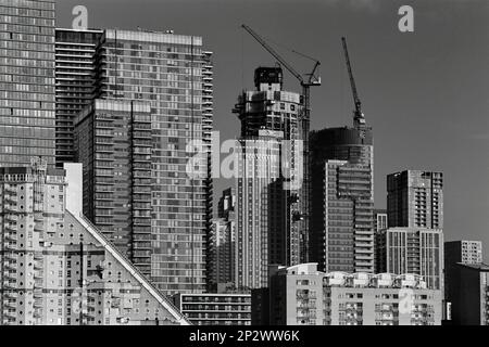 Neue Apartments, Bürogebäude und Hotels in Canary Wharf, Isle of Dogs, London, Großbritannien, mit Blick von Süden, in Schwarzweiß Stockfoto