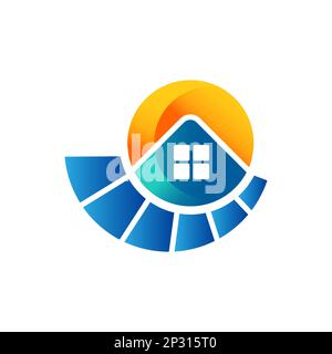 Symbolvorlage für Solarenergie-Heim-Logo. Sonnenkollektor auf dem Dach mit Haus- und Sonnenschild. EPS 10 Stock Vektor