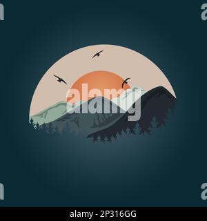 Wunderschöne Berglandschaft bei Sonnenaufgang und Sonnenuntergang mit Naturkulisse. Vektordarstellung Stock Vektor