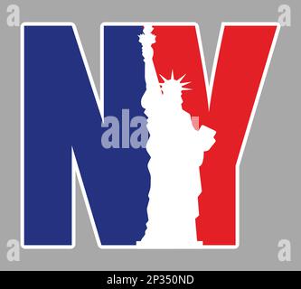 NY, New York Logo-Symbol mit Vektordarstellung der Freiheitsstatue und Hintergrund der amerikanischen Flagge. Stock Vektor