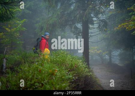 Mama und ihr kleiner Sohn gehen bei nassem Herbstwetter auf einen Bergpfad. Stockfoto