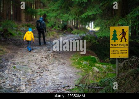 Mama und ihr kleiner Sohn gehen bei nassem Herbstwetter auf einen Bergpfad. Stockfoto