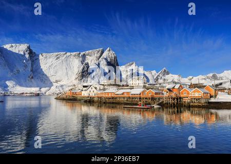 Gelber Flieger im Winter, Fischerhütten, schneebedeckte Berge dahinter, Sakrisoy, reine, Lofoten, Nordland, Norwegen Stockfoto