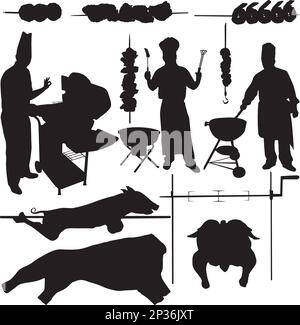 Barbecue-Koch, Schweinefleisch, Rindfleisch, Spieß, Spieß-Silhouetten isoliert auf weißem Hintergrund. Mehrschichtig Stock Vektor