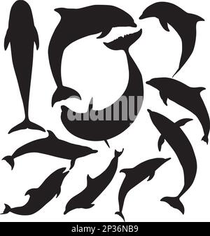 Delphinvektorsilhouetten auf weißem Hintergrund. Mehrschichtig. Vollständig bearbeitbar Stock Vektor