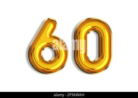 60 Jahre alt. Goldballons, 60.-Jubiläumsnummer, herzlichen Glückwunsch zum Geburtstag. Darstellung goldener realistischer 3D-Symbole. Banner, Symbole isola Stockfoto