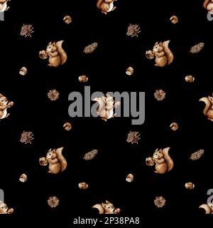 Süßes, nahtloses Muster mit Eichhörnchen in Aquarellfarben und Haselnuss. Süßes Kindermuster. Perfekt für Hintergrundpapier oder Textilien. Stockfoto