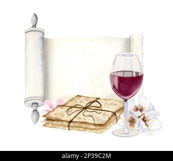 Aquarell Happy Passover Begrüßungsvorlage mit Haggadah-Schriftrolle, Glas Rotwein, Matzah-Stapel, Mandelblumen isoliert auf Weiß Stockfoto