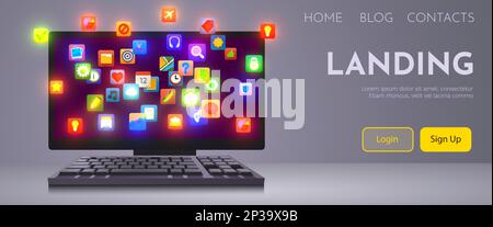 Computer mit einer Wolke von App-Symbolen auf dem Bildschirm. Konzept des Anwendungsspeichers. Vektordarstellung Stock Vektor