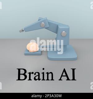 3D Illustration ein Industrieroboter, der symbolisch mit dem menschlichen Gehirn verbunden ist, mit dem Titel „Gehirn-KI“. Stockfoto