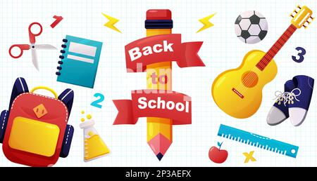 Bereiten Sie Ihre Schulausrüstung vor, gehen wir zurück in die Schule Stock Vektor