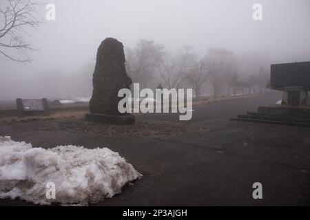 Steinsymbol oder Felszeichen des Hanla Mountain Vulkans oder Mount Halla im Walddschungel im Hallasan National Park für Koreaner Stockfoto