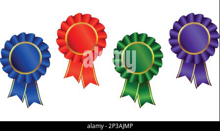 Wunderschönes grünblaues, rotes, lila Farbband, 4-teiliger Symbolsatz mit goldenen Akzenten auf weißem Hintergrund Stock Vektor