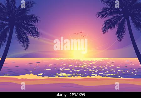 Warm tropischen Strand lila rosa orange Sonnenuntergang Hintergrund mit Palmen im Vordergrund Vektor Stock Vektor