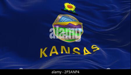 Nahaufnahme der kansas Staatsflagge, die im Wind winkt. Kansas ist ein Bundesstaat im Mittleren Westen der USA. Geriffelter Stoff. Strukturierter Hintergrund. abbildung 3D Stockfoto