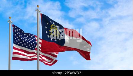 Die georgische Staatsflagge wackelt mit der Nationalflagge der Vereinigten Staaten von Amerika. Im Hintergrund ist ein klarer Himmel. 3D Abbildung RE Stockfoto