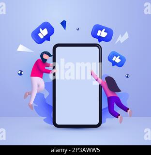 Mobiles Smartphone mit „Gefällt mir“-Benachrichtigungssymbolen und kleinen Personen, die herumfliegen. Social Media- und Marketingkonzept. Vektordarstellung Stock Vektor