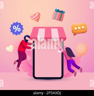 Mobiles Smartphone mit Shop-App und kleinen Personen, die herumfliegen. Online-Shopping-Konzept. Vektordarstellung Stock Vektor