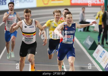 Karsten Warholm (Norwegen), Julien Watrin (Belgien), 400m Männer bei der europäischen Leichtathletik-Hallenmeisterschaft 2023 am 4. März 2023 in der Atakoy Arena in Istanbul, Türkei – Foto: Laurent Lairys / DPPI/LiveMedia Stockfoto