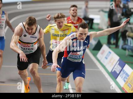 Karsten Warholm (Norwegen), Julien Watrin (Belgien), 400m Männer bei der europäischen Leichtathletik-Hallenmeisterschaft 2023 am 4. März 2023 in der Atakoy Arena in Istanbul, Türkei – Foto: Laurent Lairys / DPPI/LiveMedia Stockfoto