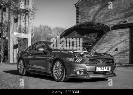 2018 Ford Mustang GT 5,0, ausgestellt auf der Ford-Versammlung am 26. Februar 2023 im Bicester Heritage Centre. Stockfoto