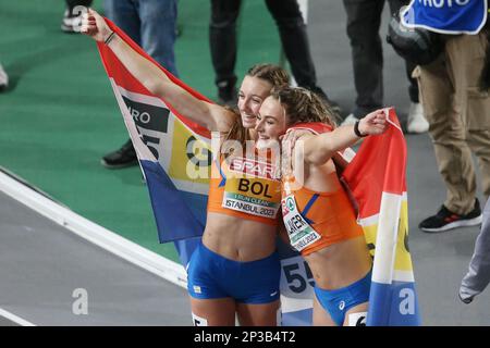 Femke Bol und Lieke Klaver aus den Niederlanden, 400m Frauen bei der europäischen Leichtathletik-Hallenmeisterschaft 2023 am 4. März 2023 in der Atakoy Arena in Istanbul, Türkei – Foto: Laurent Lairys/DPPI/LiveMedia Stockfoto