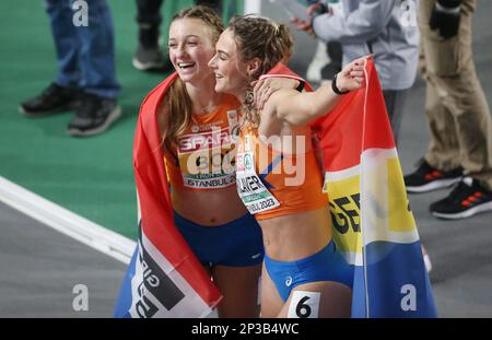 Femke Bol und Lieke Klaver aus den Niederlanden, 400m Frauen bei der europäischen Leichtathletik-Hallenmeisterschaft 2023 am 4. März 2023 in der Atakoy Arena in Istanbul, Türkei – Foto: Laurent Lairys/DPPI/LiveMedia Stockfoto