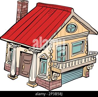 Ein gemütliches und wunderschönes Haus mit einem roten Dach, einer Garage, einem Kamin und mehreren Fenstern. Stock Vektor