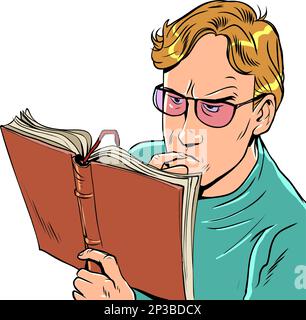 Sorgfältige Untersuchung der Materialien. Ernsthafte Einstellung zum Geschäft. Ein Mann mit Brille liest aufmerksam ein Buch oder Notizbuch Stock Vektor