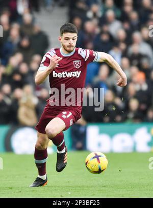 Declan Rice of West Ham während des Premier League-Spiels zwischen Brighton & Hove Albion und West Ham United im American Express Community Stadium , Brighton , Großbritannien - 4. März 2023 Photo Simon Dack/Tele Images. Nur redaktionelle Verwendung. Kein Merchandising. Für Fußballbilder gelten Einschränkungen für FA und Premier League. Keine Nutzung von Internet/Mobilgeräten ohne FAPL-Lizenz. Weitere Informationen erhalten Sie von Football Dataco Stockfoto
