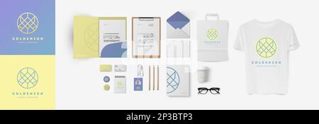 Logo- und Corporate Identity-Modell mit Ordner, Visitenkarte, Formular A4 und Papiertasche. Blaue und gelbe Branding-Farben und kreisförmiges minimales Logo. Stock Vektor