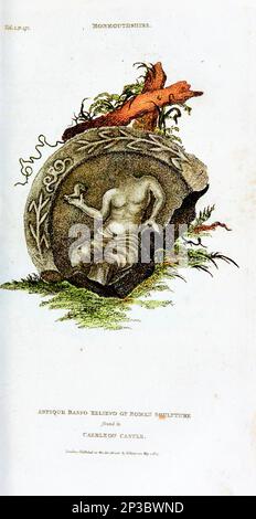 Antikes Basso Relievo der römischen Skulptur, gefunden in Caerleon Castle. Die symbolische Figur einer Venus, oder eines Amphitrites, mit einem Delfin in der Handfläche aus dem Buch " Descriptive Exkursions through South Wales and Monmouthshire. Im Jahr 1804 und den vier vorausgehenden Sommern Band 1 von Edward Donovan, 1768-1837. Publikationsdatum 1805 gedruckt für den Autor von Rivington, etc, London Stockfoto