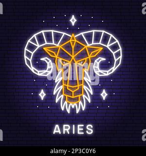 Zodiac-Astrologie-Horoskop Neonschild aries lineares Design. Vektordarstellung. Elegante Linienart Neonsymbol oder Ikone von arries esoterischem zodiakalen Horoszo Stock Vektor