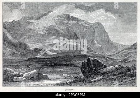 Glencoe Glen Coe (Schottisches Gälisch: Gleann Comhann) ist ein glen vulkanischer Ursprünge im schottischen Hochland. Es liegt im Norden der Grafschaft Argyll, in der Nähe der Grenze zur historischen Provinz Lochaber, im modernen stadtbezirk Highland. Glen Coe gilt als Heimat schottischer Bergsteiger und ist bei Bergwanderern und Kletterern beliebt. Aus dem Buch " A history of the Scottish Highlands, Highland Clans and Highland Regiments " Band 1 von Maclauchlan, Thomas, 1816-1886; Wilson, John, 1785-1854; Keltie, John Scott, Sir, 1840-1927 Veröffentlichungsdatum 1875 Herausgeber EDI Stockfoto