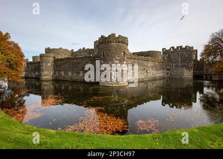 Schloss Beaumaris und Graben im Herbst. Anglesey, Nordwales. Stockfoto