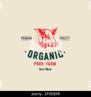 Vektordarstellung des Logos der Metzgerei. Schweinekopf-Silhouette, gut für Farm- oder Restaurantabzeichen. Vintage Typografie-Emblem-Design. Stock Vektor