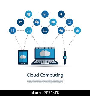 Digitale Welt – Konzeptentwurf für Netzwerke, IoT und Cloud Computing mit Symbolen Stock Vektor