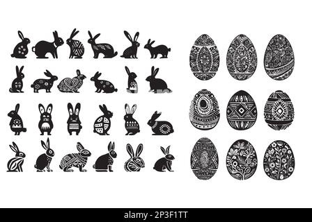 Sammlung von ostermotiven mit osterei und Kaninchen. Vector Low Brow Clipart Set für Frühlingsfeier. Stock Vektor