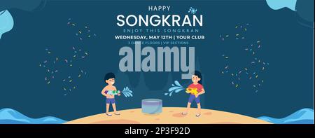 Happy songkran Day horizontaler Bannervektor mit Wasserpistole und Kindern Stock Vektor