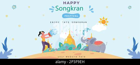 Songkran Thailand Festival horizontales Banner mit Wasserschüssel, Spritzen, Kanonenwasser, Hintergrund für Sandbilder. Stock Vektor