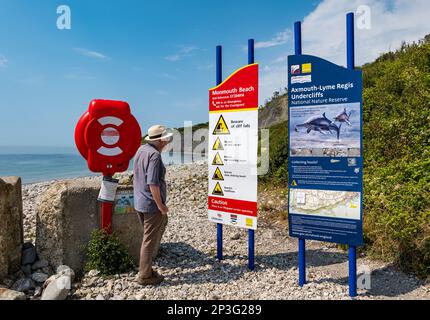 MNA reading Beware Cliff Falls Schild, Monmouth Beach, Axmouth Undercliffs Naturschutzgebiet, Lyme Regis, Dorset, England, Großbritannien Stockfoto