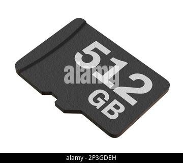 Speicherkarte mit 512 GB Speicherkapazität, microSD-Flash-Speicher auf weißem Hintergrund. 3D Abbildung Stockfoto