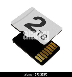 Speicherkarte mit 2 TB Speicherkapazität, microSD-Flash-Speicher isoliert auf weißem Hintergrund. 3D Abbildung Stockfoto