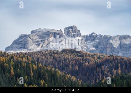 Felsige Gipfel, der Groste-Pass und Wälder, die über Madonna di Campiglio, Adamello Brenta Nature Park, Brenta Dolomiten, Trentino Alto Adige, Italien ragen Stockfoto