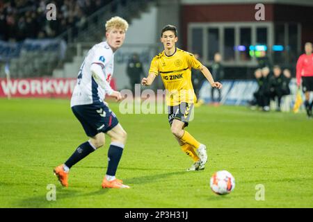 Aarhus, Dänemark. 03., März 2023. Elijah Just (27) von AC Horsens, die während des Superliga-Spiels 3F zwischen Aarhus GF und AC Horsens im Ceres Park in Aarhus gesehen wurden. (Foto: Gonzales Photo - Balazs Popal). Stockfoto